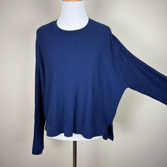 Nordstrom Collection Sweater Top Womens Large Blue Merino‎ Wool Dolman High Low - Picture 1 of 12